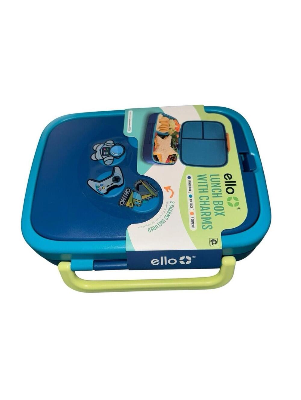 Bento Lunch Box with 3 Charms Ice Pack Blue/Yellow w Handle Dishwasher Safe